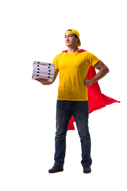 Супер герой доставки піци хлопець ізольовані на білому
 - Фото, зображення