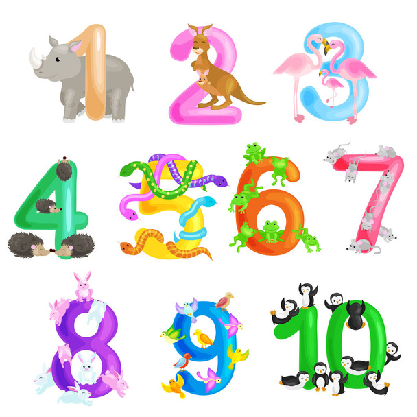 Set of ordinal numbers for teaching children counting with the ability to calculate amount animals abc alphabet kindergarten books or elementary school posters collection vector illustration - Vector, afbeelding