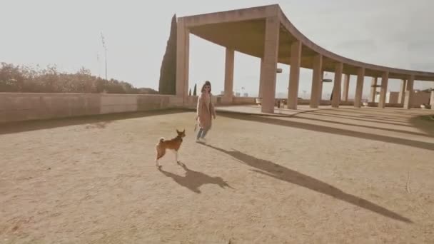 Attractive girl walks with dog - Felvétel, videó