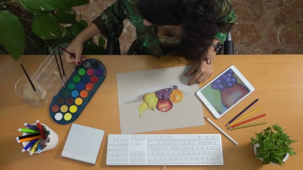 Woman drawing pastels watercolor tablet art still life creativity - Footage, Video