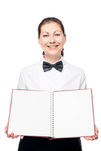 charming waitress with menu blank blank smiling isolated portrai - Photo, image