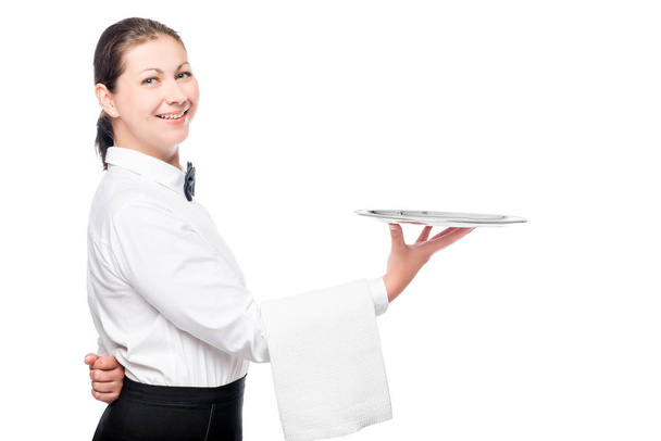 restaurant waitress posing in studio with a tray - Photo, Image