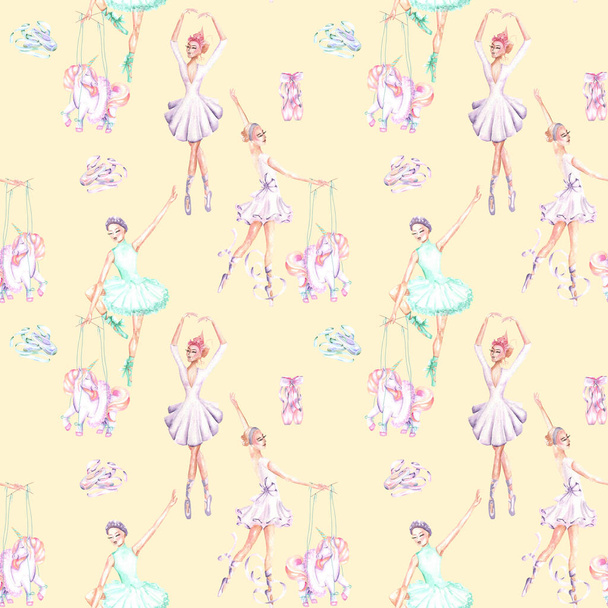 Seamless pattern with watercolor ballet dancers, puppet unicorns and pointe shoes - Photo, Image