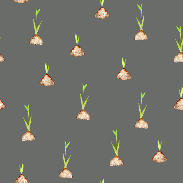 Seamless pattern with watercolor spring green plant sprouts from the soil - Photo, Image