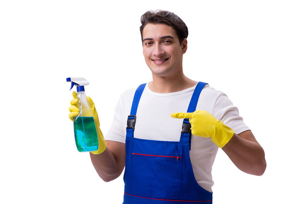 Man met reinigingsmiddelen geïsoleerd op witte achtergrond - Foto, afbeelding