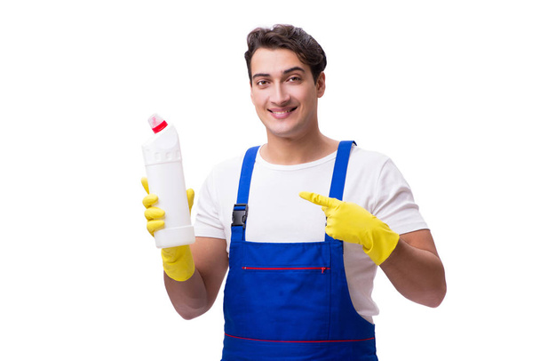 Man met reinigingsmiddelen geïsoleerd op witte achtergrond - Foto, afbeelding