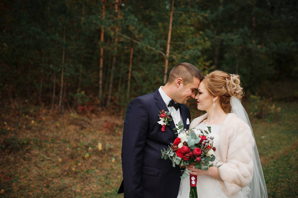 Wedding couple in love at autumn pine wood. - Fotoğraf, Görsel