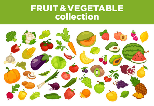 Gyümölcsök, zöldségek, bogyók gyűjtemény  - Vektor, kép