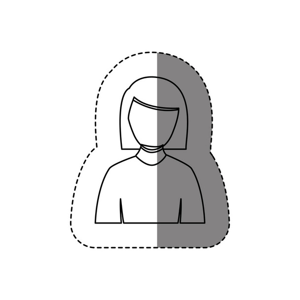 monochromatyczne kontur naklejki z pół ciała kobiety z długimi rękawami koszuli i krótkie włosy bez twarzy - Wektor, obraz