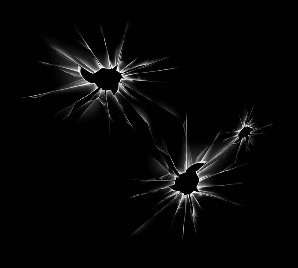Vektorové sada z průhledného rozbil Crack skleněné okno s ostrými hranami a díry po kulkách zblízka na tmavém pozadí černé - Vektor, obrázek