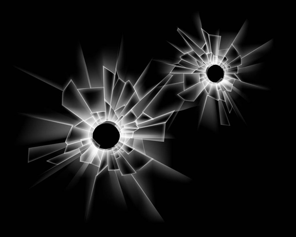 Vector Set of Transparent Broken Glass Window with two Bullet Holes Close up Isolated on Dark Black Background - Vector, Image