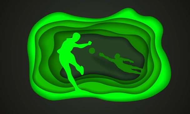 Футбольний фон з футболістом, який потрапляє в м'яч і воротаря. Спортивна ілюстрація з шарувато вирізаним паперовим футболістом чорно-зеленого кольору
. - Вектор, зображення