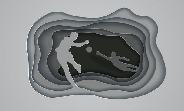 Voetbal achtergrond met voetballer die de bal en de doelman raakt. Sport illustratie met gelaagde uitgesneden papier voetballer profiel in grijze kleuren. - Vector, afbeelding