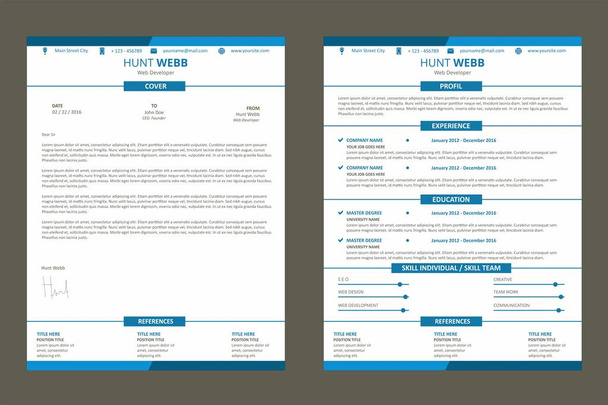 cv currículo, curriculum vitae página web design plana cor azul com vetor modelo carta de cobertura
 - Vetor, Imagem