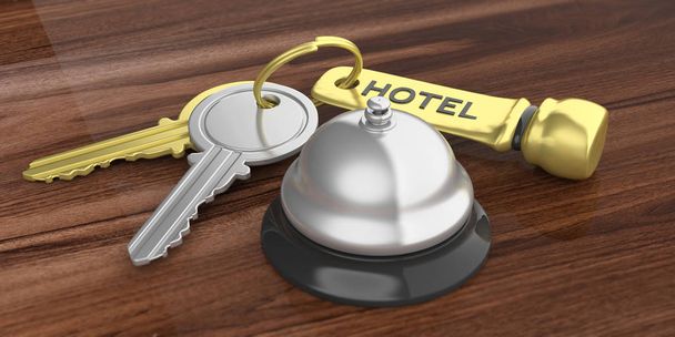 Ξενοδοχείο bell και κλειδιά σε ένα ξύλινο υπόβαθρο. 3D απεικόνιση - Φωτογραφία, εικόνα