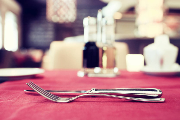serving cutlery on tablecloth - Fotoğraf, Görsel