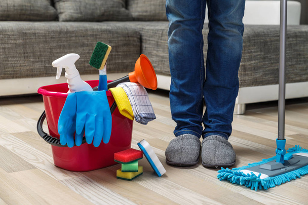 Cleaning service. Sponges, chemicals and mop. - Fotografie, Obrázek