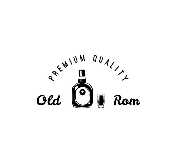 Rum Bottle And Shot Glass Label. Alcohol Drink. Vector Illustration Isolated On White - Vetor, Imagem