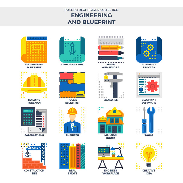 Engineering And Blueprint Flat Icon Set. - Vector, Image