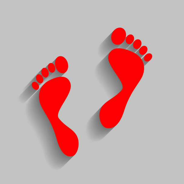 Foot prints sign. Vector. Red icon with soft shadow on gray background. - Vecteur, image