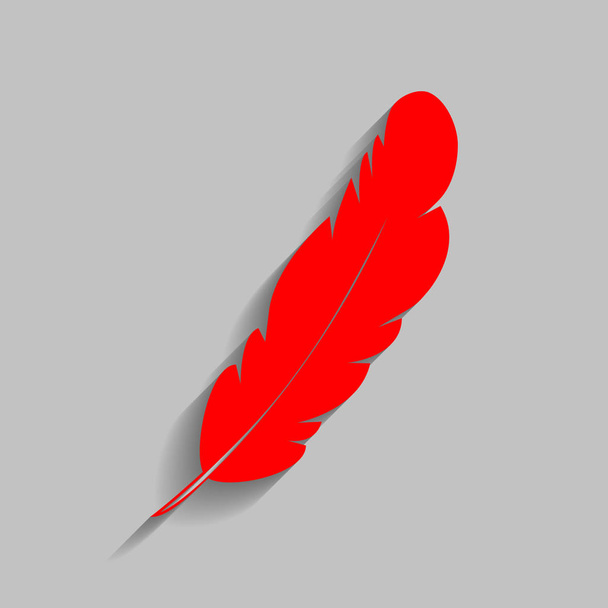 Feather sign illustration. Vector. Red icon with soft shadow on gray background. - Vetor, Imagem