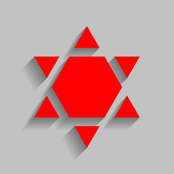 Bouclier Magen David Star Inverse. Symbole d'Israël inversé. Vecteur. Icône rouge avec ombre douce sur fond gris
. - Vecteur, image