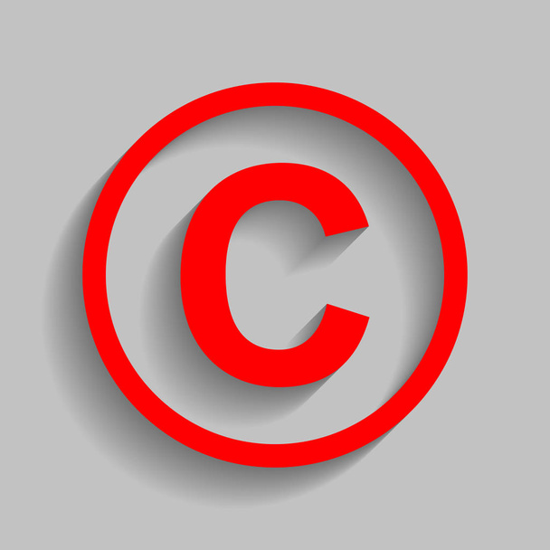 Copyright-symbool de illustratie. Vector. Rode pictogram met zachte schaduw op grijze achtergrond. - Vector, afbeelding