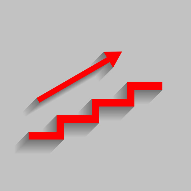Treppe mit Pfeil. Vektor. rotes Symbol mit weichem Schatten auf grauem Hintergrund. - Vektor, Bild