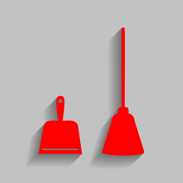 Dustpan vector sign. Scoop for cleaning garbage housework dustpan equipment. Vector. Red icon with soft shadow on gray background. - Vector, Image