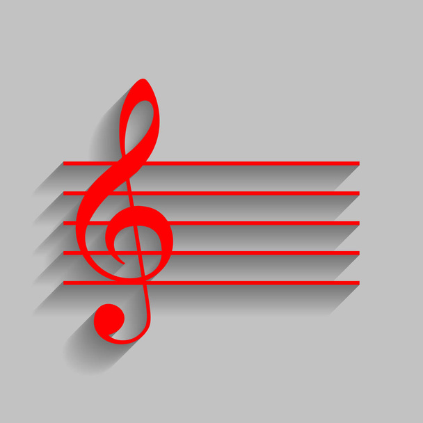 音楽ヴァイオリン記号記号。ト音記号。ベクトル。灰色の背景にソフト シャドウの付いた赤いアイコン. - ベクター画像