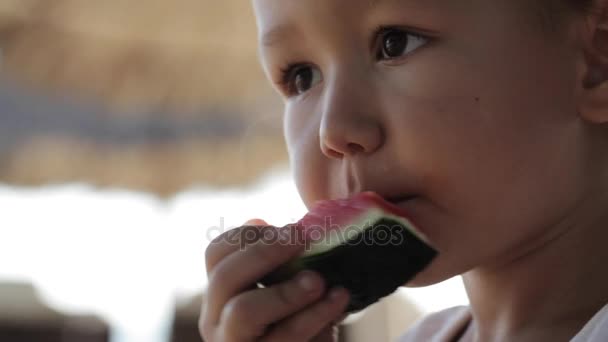LClose-up of lttle cute baby girl sitting on the swing and eat red watermelon. - Footage, Video