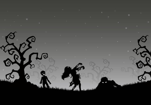 Хэллоуин ночь фон с зомби в траве
 - Вектор,изображение