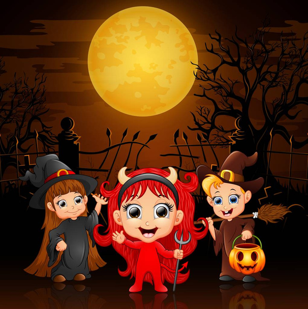 Niños pequeños y felices con disfraz de Halloween en el cementerio
 - Vector, Imagen