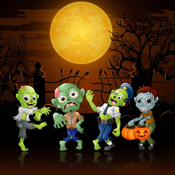 Zombik fél rajzfilm Halloween jelmez temetőben - Vektor, kép