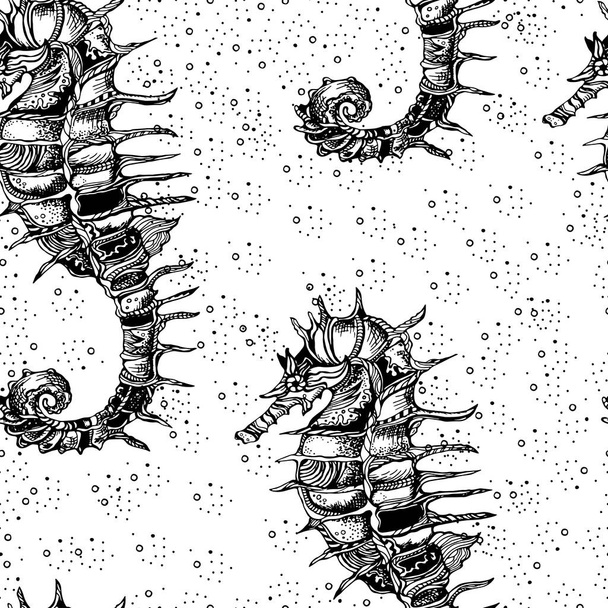 Seamless black and white pattern with sea horses. Vector - ベクター画像