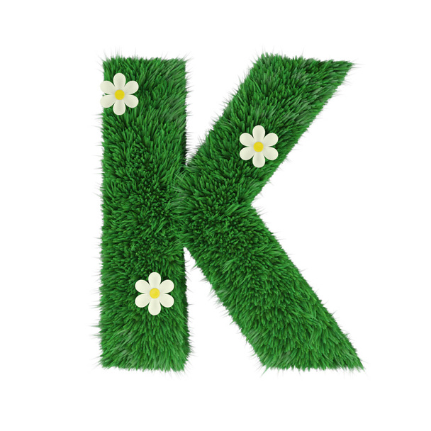 grass letter K isolated on white. 3d render - Foto, imagen