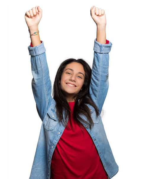 kobiet student z podniesionymi rękami - Zdjęcie, obraz