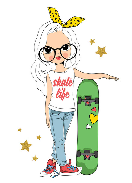 cute girl with skateboard - Vektör, Görsel
