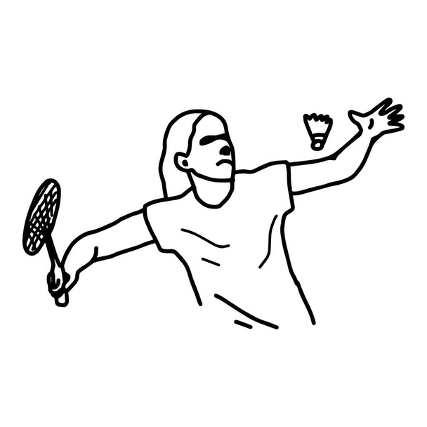 Badminton Player - ilustración vectorial bosquejo dibujado a mano con líneas negras, aislado sobre fondo blanco
 - Vector, Imagen