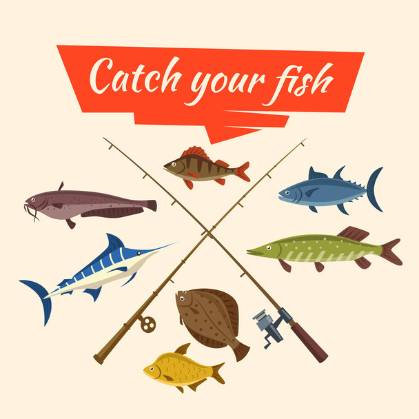 Fish catch and fisher vector tackle and rods - Vector, Image