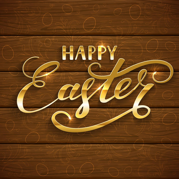 goldener Schriftzug frohe Ostern auf braunem Holzgrund - Vektor, Bild