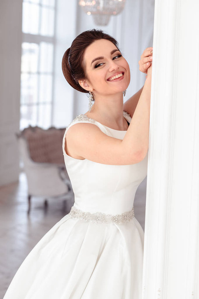 portrait of beautiful brunette bride with elegant hairstyle and makeup wearing long luxury wedding dress - Foto, Imagem
