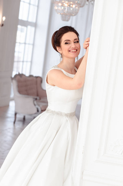 portrait of beautiful brunette bride with elegant hairstyle and makeup wearing long luxury wedding dress - Photo, image