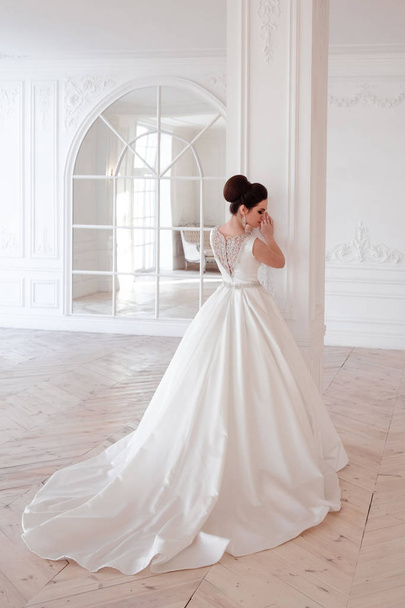 portrait of beautiful brunette bride with elegant hairstyle and makeup wearing long luxury wedding dress - Foto, immagini