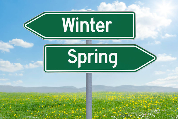 Twee groene richting tekenen - Winter of voorjaar - Foto, afbeelding