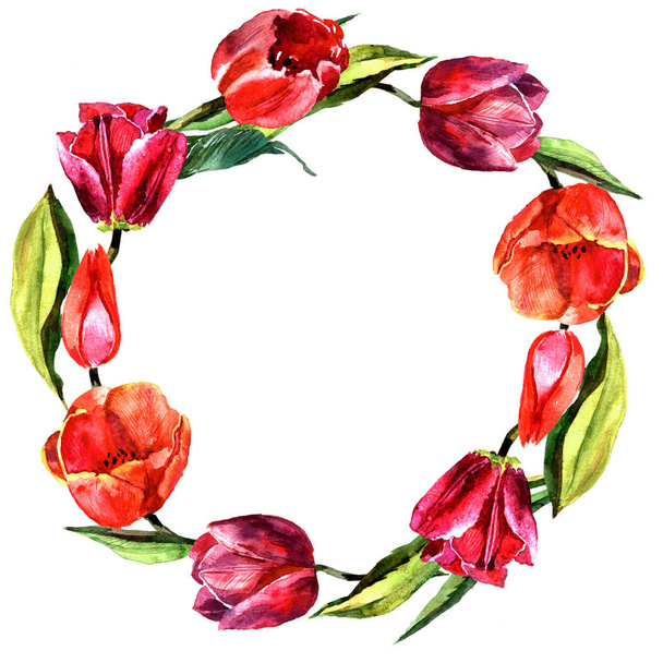 Wildflower tulip flower wreath in a watercolor style isolated. - Foto, imagen