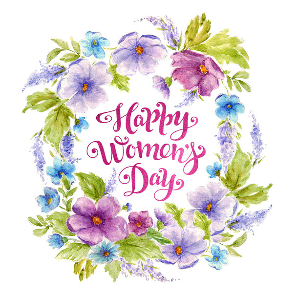 Greeting card Happy Womens Day with flower wreath and lettering. Watercolor 8 March card - Fotografie, Obrázek