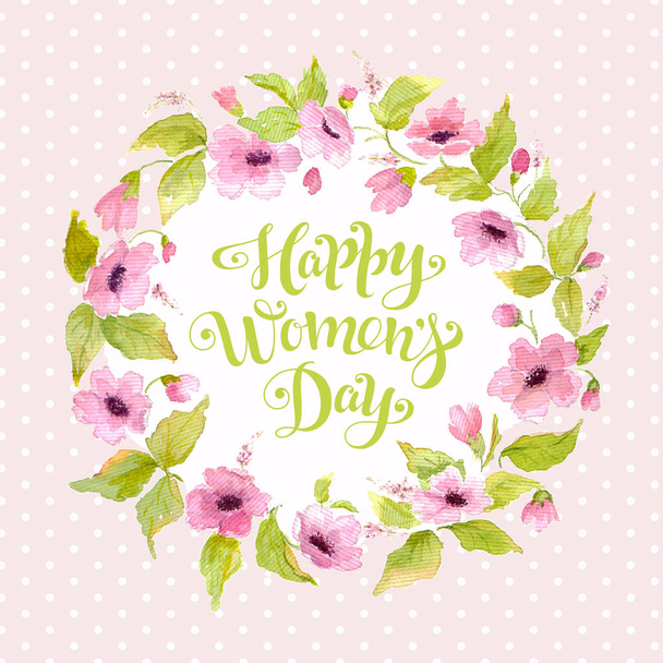 Ευχετήρια κάρτα Happy Day γυναικών με λουλούδι στεφάνι και γράμματα. Ακουαρέλα κάρτα 8 Μαρτίου - Φωτογραφία, εικόνα