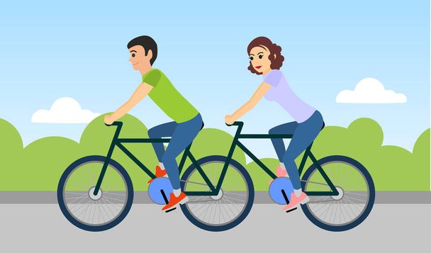 Пара мужчин и женщин едут на тандеме на велосипеде на открытом воздухе. Векторная иллюстрация
 - Вектор,изображение