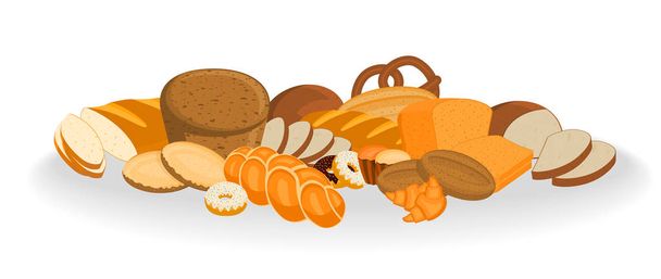 ベクトルのベーカリー ショップの商品。パン、菓子パン、クッキー、クロワッサン、白のケーキとドーナツのイラスト - ベクター画像